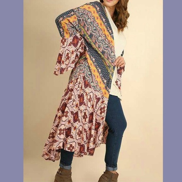 Umgee Plus Jackets & Blazers - "Caravan" Mixed Print Bell Sleeve Long Line Kimono